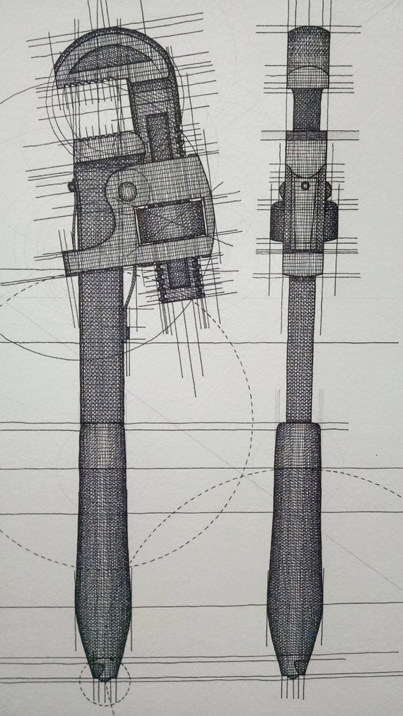 Wooden Handle Pipe Wrench Ink Drawing Original by InkandOxidation