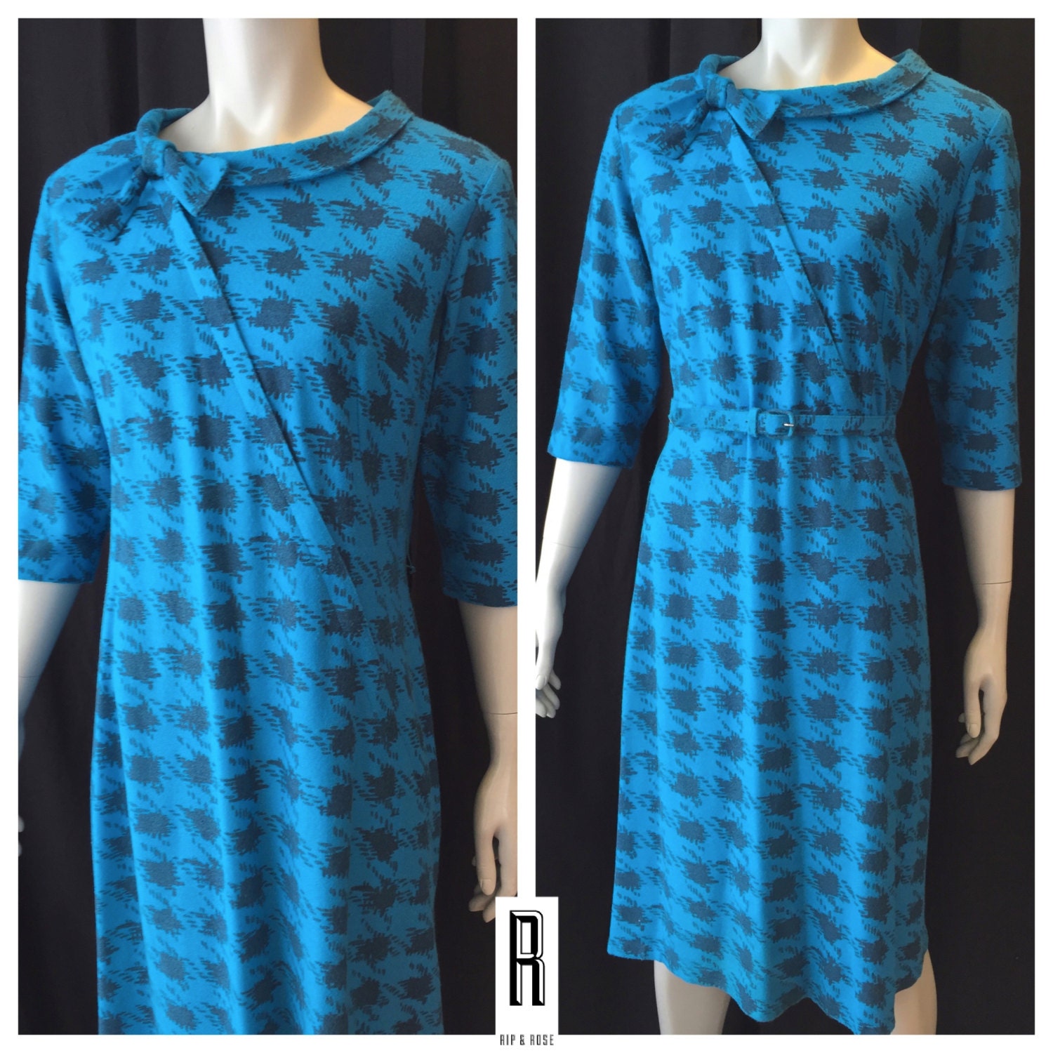 Vintage 60s Sheath Dress Blue Houndstooth Womens by RIPandROSE