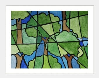Cubism spring green tree watercolor painting 8 x 10 print