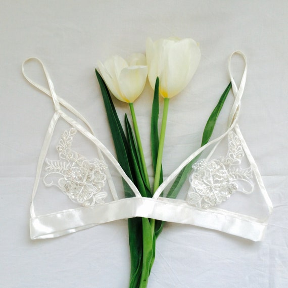 Delicate white satin applique bralette - soft bra, handmade lingerie
