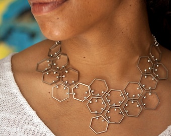 Geometric Bib Necklace, Silver Tone