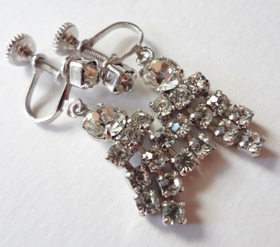 Antique Rhinestone Earrings Screw Back Dangle by CarolynsTreasure