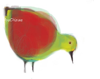 Oiseau rouge, vert pomme, dessin numérique original, impression de qualité, type giclée. Cadre non-inclus.