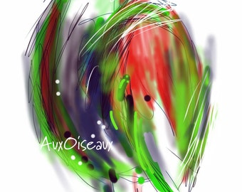 Oiseau rouge, mauve, vert, marqueur, crayon, dessin numérique original, impression de qualité, type giclée. Cadre non-inclus.