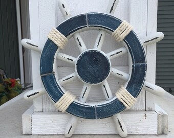 rustic white and dark blue nautical ship wheel decorative ships wheel vintage ship wheel - Nautical Decor rustic white and dark blue nautical ship wheel decorative ships wheel vintage ship wheel - Nautical Decor