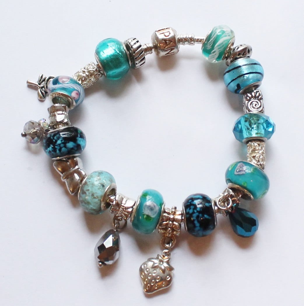 Authentic Pandora Full Charm Bracelet with Aqua or by paststore