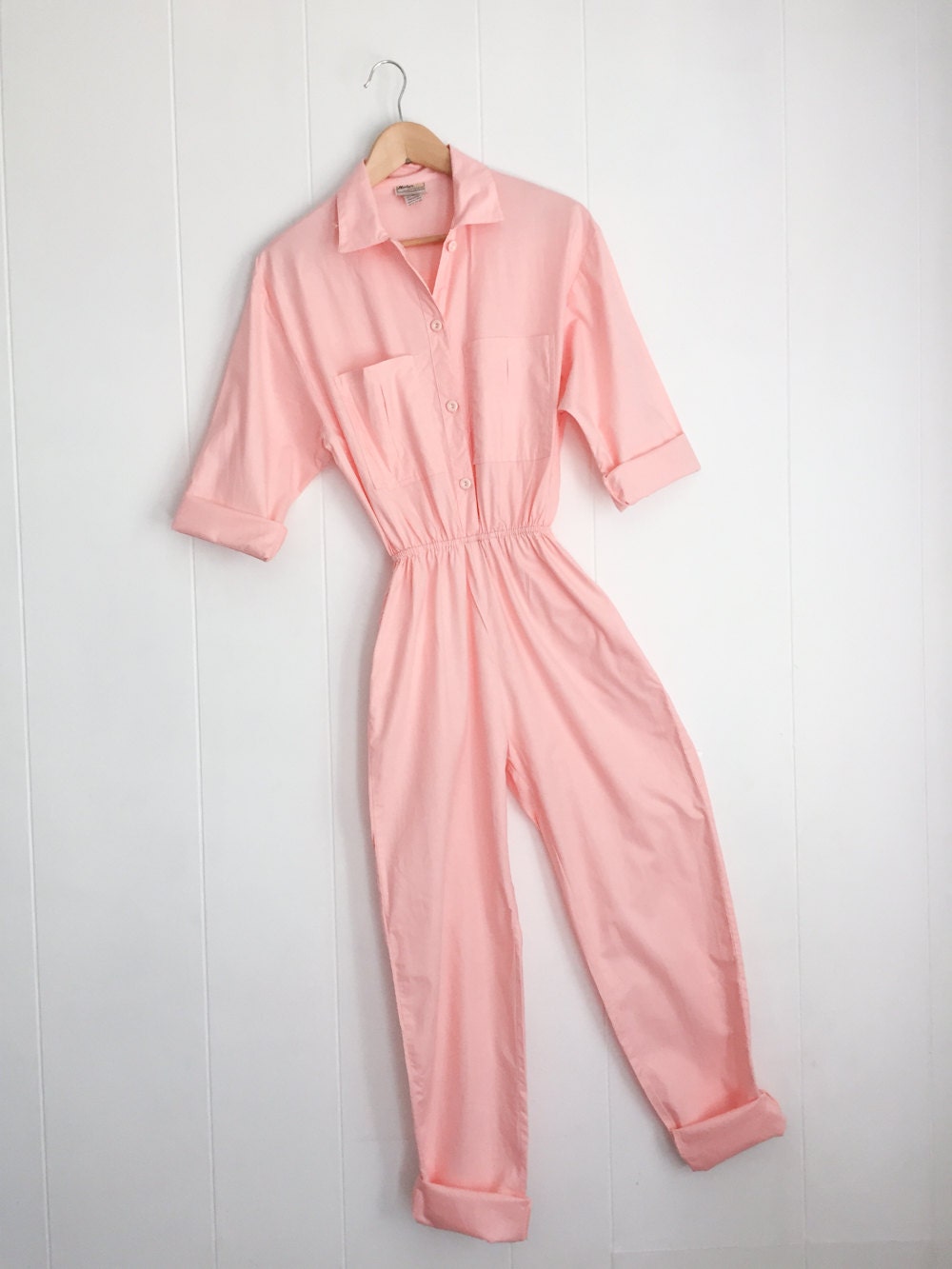 Vintage Jumpsuit 80s Jumpsuit. Flamingo Pink Jumpsuit. Womens