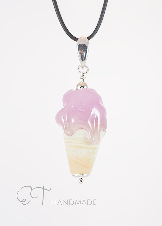 Pink Ice cream cone handmade Murano glass and sterling silver italian atrisan handmade pendant