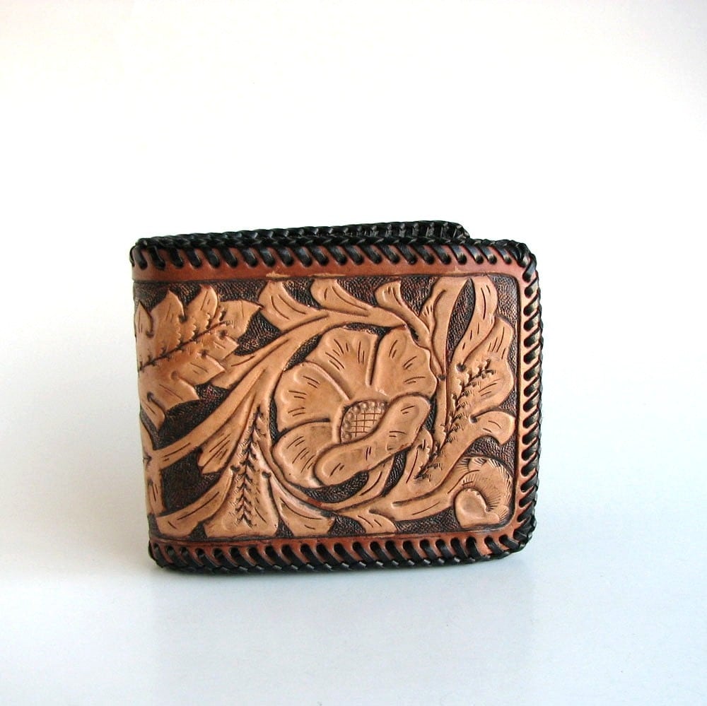 mens vintage wallet . hand tooled leather wallet . black by aorta