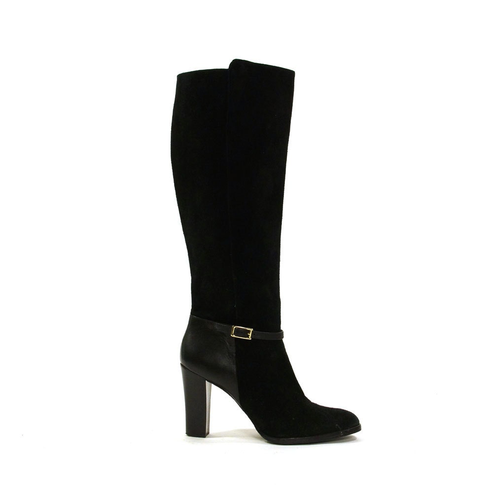 black suede high heel knee high boots