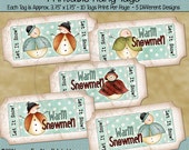 Instant Download - Printable Hang Tags - Ticket Shaped - Warm Snowmen - Digital Print PDF and/or JPG File