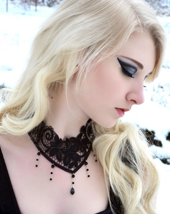 Gothic lace choker victorian steampunk with Swarovski crystal cascade - Jet black NOCTURNE by DarkEleganceDesigns steampunk buy now online