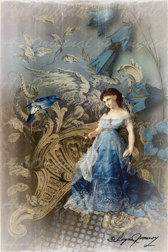 Blue Belle Digital Collage Greeting Card (Suitable for Framing)