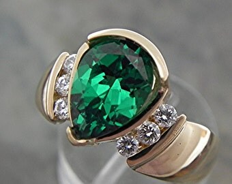 AAAA Tsavorite Garnet Lab Grown 10x7mm 2.98 Carats 14K Yellow Gold engagement ring with .20 ct diamonds 1588