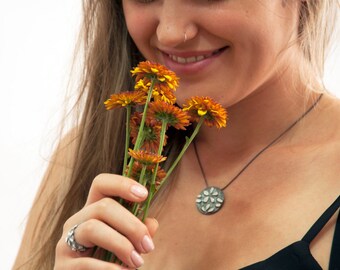Wall paper flower pendant, Silver Flower Necklace, Flowers texture pendant
