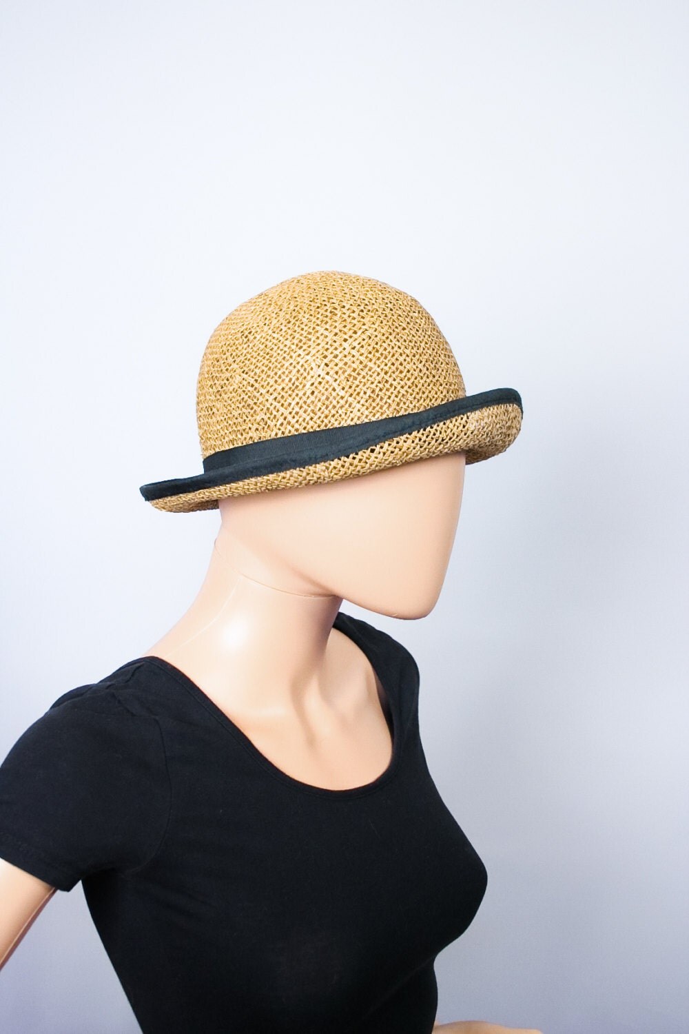 Vintage Straw Bowler Hat / Summer Hat / Black Grosgrain Ribbon Bow Hat