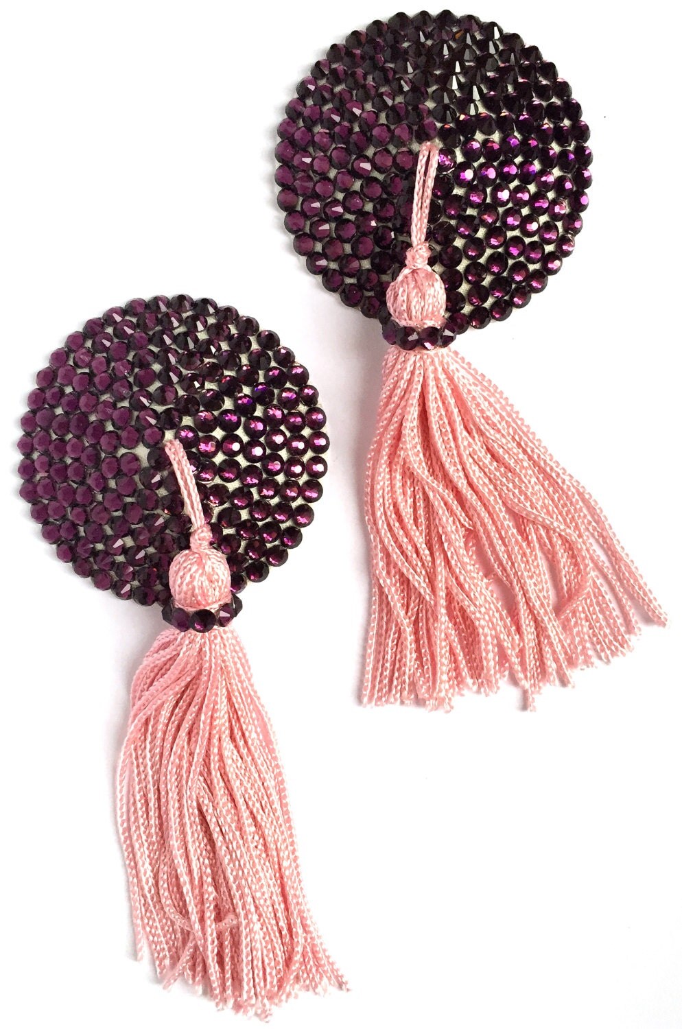 Amethyst Crystal Pasties Burlesque with Baby Pink Tassels 2 Inches