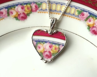 Broken china jewelry heart pendant necklace antique pink yellow roses made from a broken plate