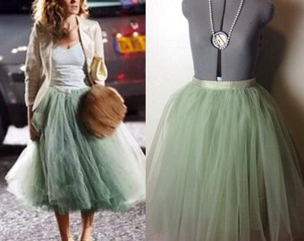 Carrie Bradshaw Tutu Tulle Skirt, Knee length/Midi in Sage/Olive Green – Inspired by the iconic Sex and the City character