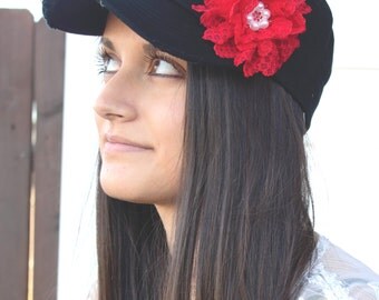 Red Womens cadet Hat, Shabby Chic Flower Hat, distressed Hat, Cadet Cap, red hat, baseball cap, gift for mom birthday gift, baseball hat