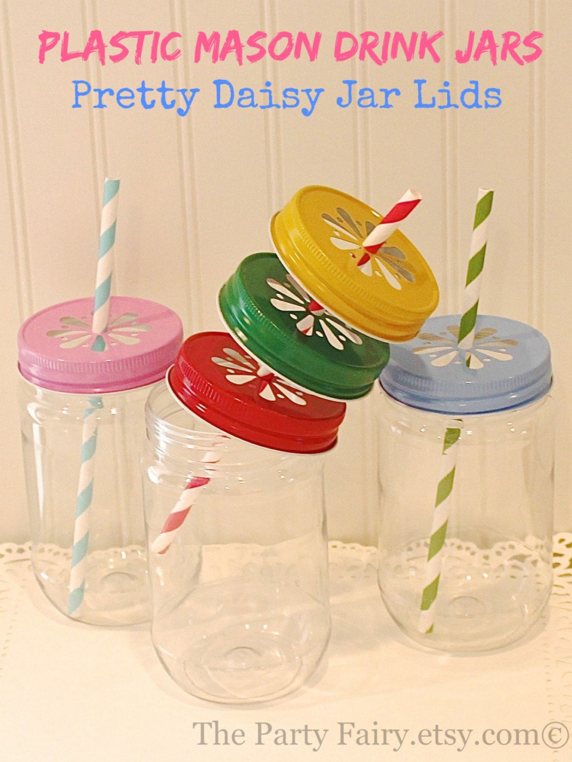 Plastic Mason Jars 10 Mason Jars & Daisy Lids by ThePartyFairy