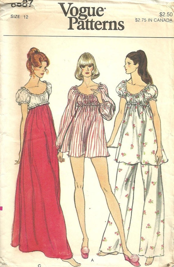 Vogue 8887 / Vintage 70s Sewing Pattern / Nightgown Empire Gown Babydoll Pajamas Panties / Size 12 Bust 34