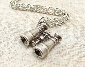Binoculars Necklace, Silver Plated Binoculars Charm on a Silver Cable Chain