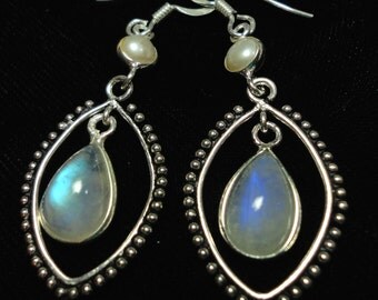 Moonstone Earrings Rainbow Moonstone and Pearl Earrings In Solid Sterling SIlver