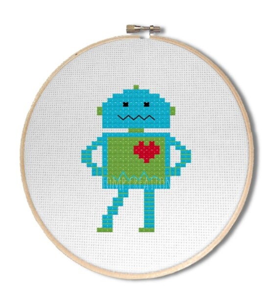 Robot cross stitch pattern Blue and green robot by StompCreations