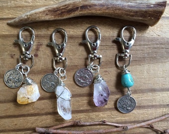 Zodiac keychain, spring clasp zodiac and gemstone keychain, crystal point keychain