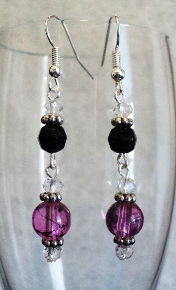 Dangle Earrings Pink and Black Prom Earrings by uniquelyyours2010