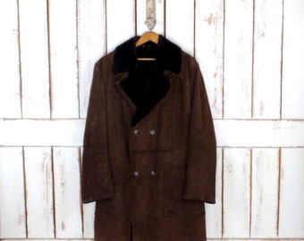 70s vintage heavy brown suede leather faux shearling sheepskin coat/suede belted winter jacket/rancher jacket