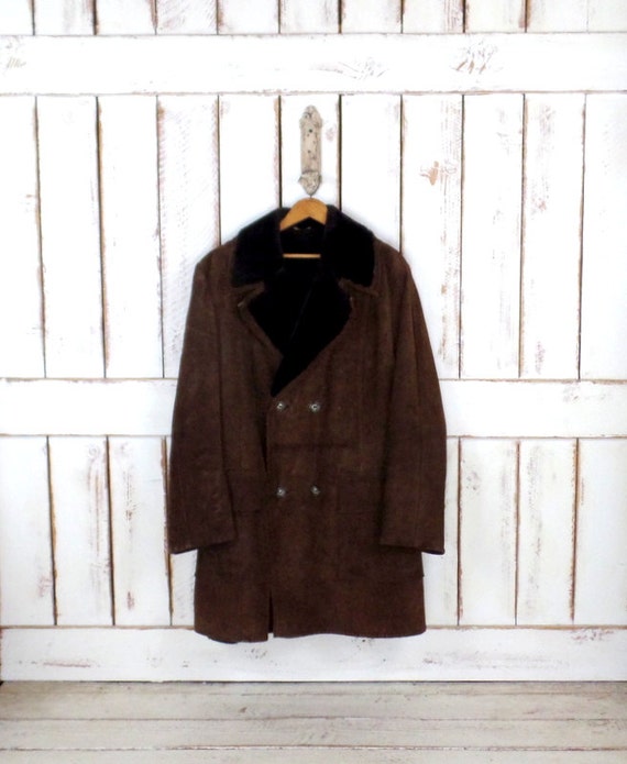 70s vintage heavy brown suede leather faux shearling sheepskin
