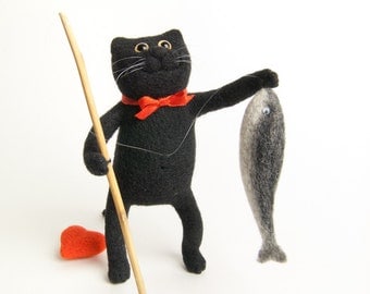 Fisherman Cat - Needle Felted Miniature - Black Cat
