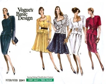 Vogue Basic Design 2241 Vintage 80s Misses' Top and Skirt Sewing Pattern - Uncut - Size 12, 14, 16 - Bust 34, 36, 38