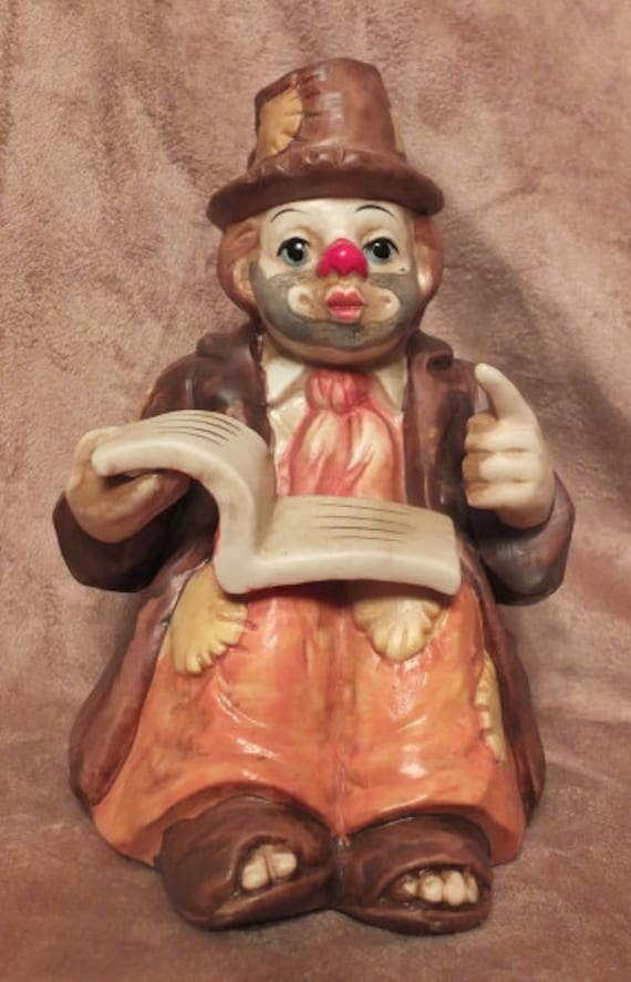 Vintage Hobo Clown Reading Book Figurine Music Box