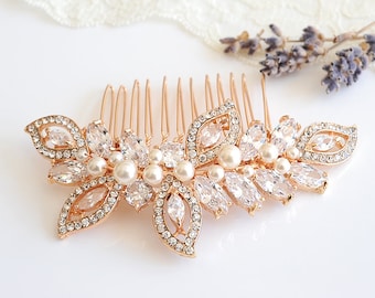 Bridal Hair Comb, Rose Gold Wedding Hair Comb, Crystal Leaf Hair Comb, Swarovski Pearl Bridal Headpiece, Wedding Bridal Hair Clip, AUGUSTINA