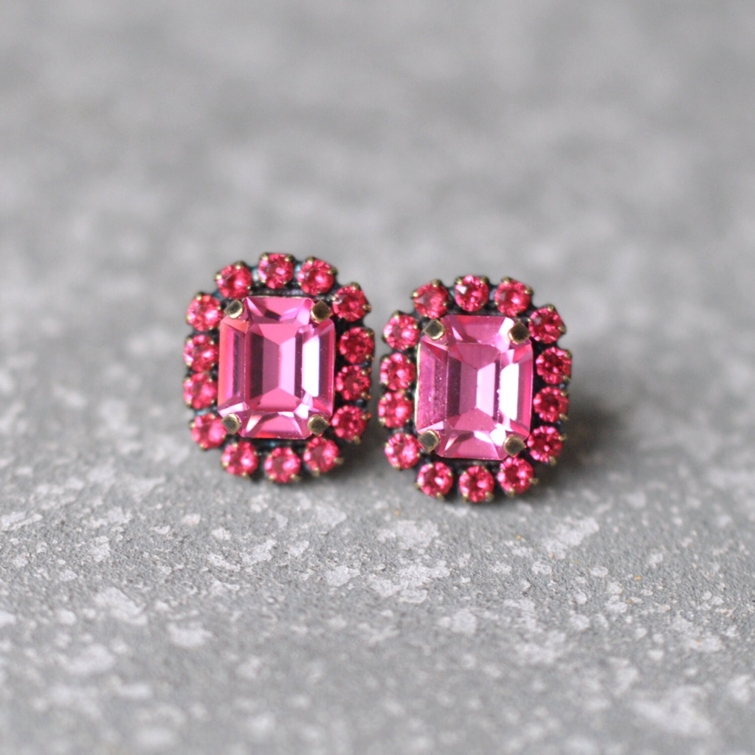 Pink Rose Emerald Cut Earrings Swarovski Crystal by MASHUGANA
