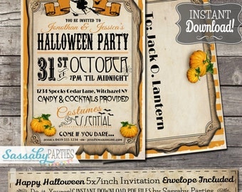 Happy Halloween Party Invitation - INSTANT DOWNLOAD - Editable & Printable Pumpkin, Scary Invitation by Sassaby Parties