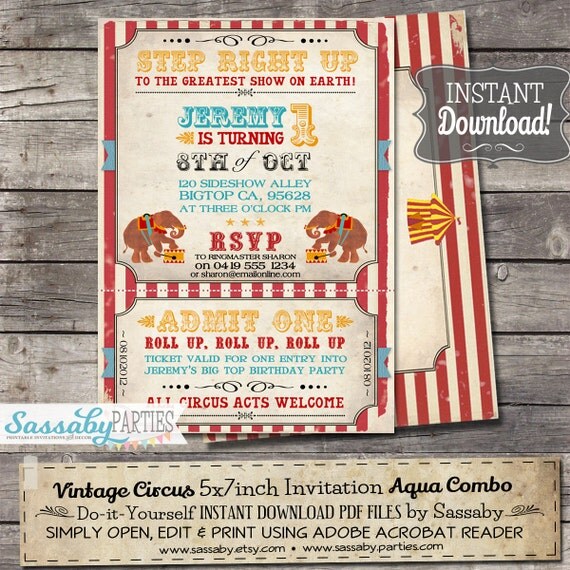 Vintage Circus Invitation - INSTANT DOWNLOAD - Partially Editable & Printable Aqua Carnival, Elephant, Sideshow, Ticket Birthday Invite Il_570xn