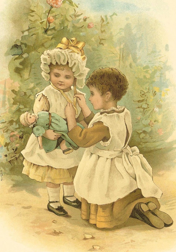 1895 Raphael Tuck  Antique Victorian Childrens Print Girl Kneeling In Garden Tying Childs Bonnet  Vintage Book Plate Book Illustration
