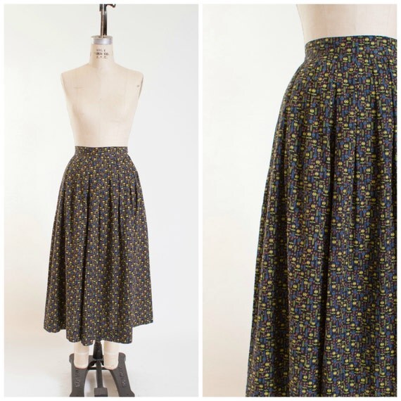 1950s Vintage Skirt Black Calico Print Yellow Blue Cotton