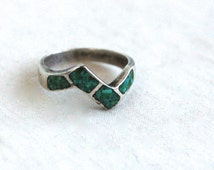 •MALACHITE - EYE• zig zag bezel silver ring (size 7.75)