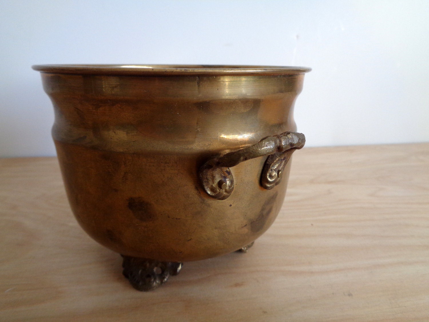 Vintage Solid Brass Flower Pot with Handles and Feet Vintage