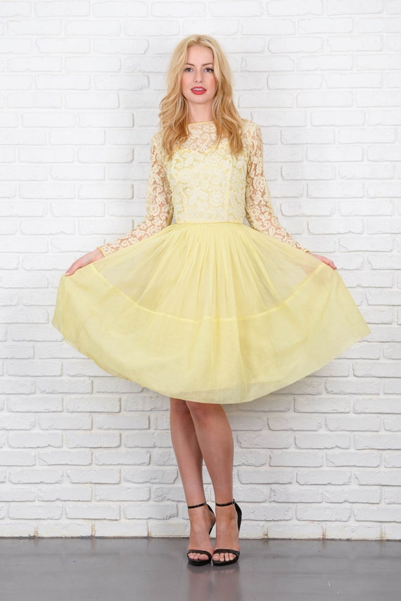 Vintage 50s 60s Yellow Cocktail Dress Floral Lace A Line Pleated Small ...