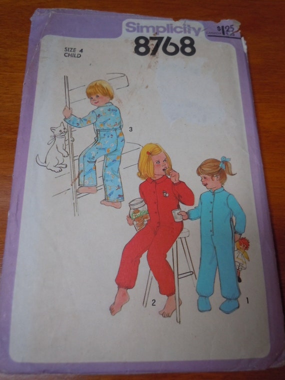 Vintage 70's Simplicity #8768 Sewing Pattern Childs Boy or Girl  Drop Seat Pajamas Pj's Size 4 Chest 23" Complete UnCut