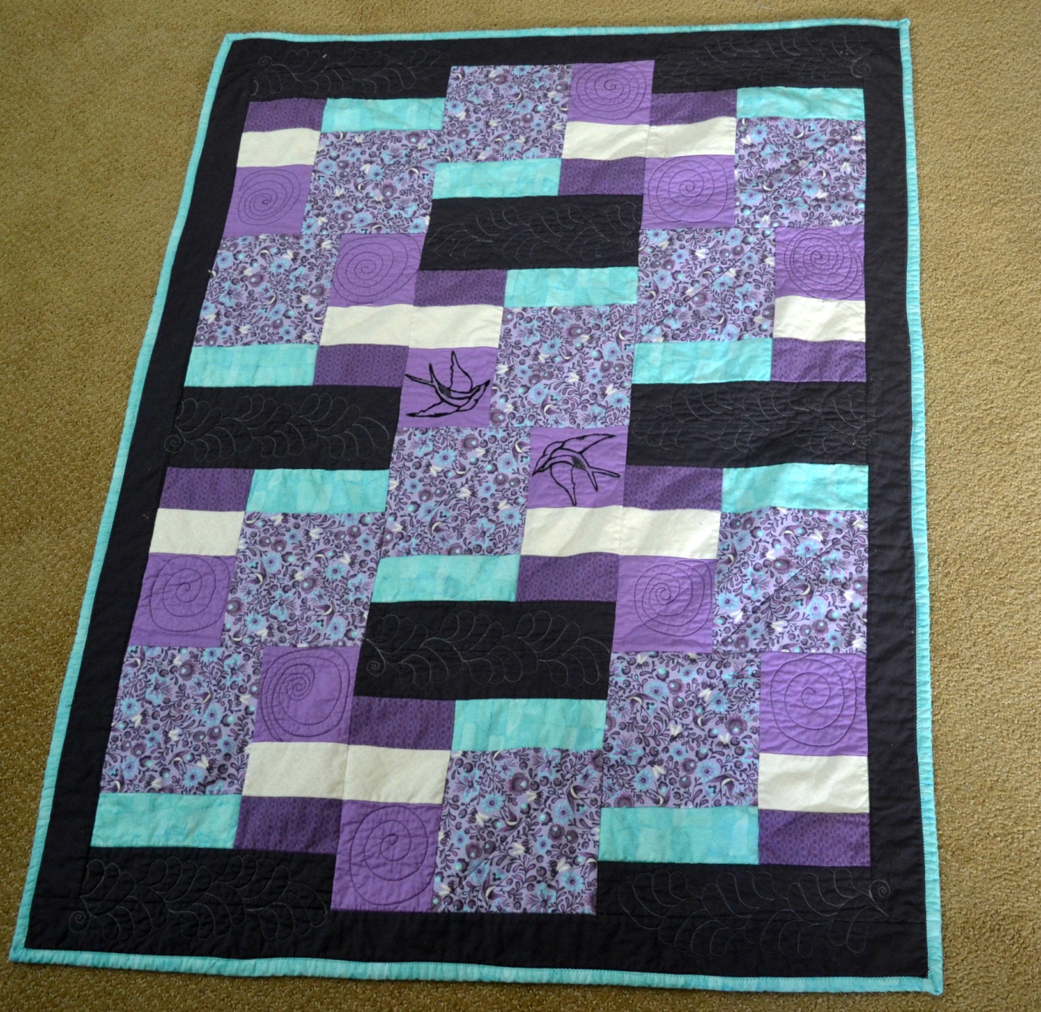Homemade Baby Quilt Purple And Teal Birds And Bees