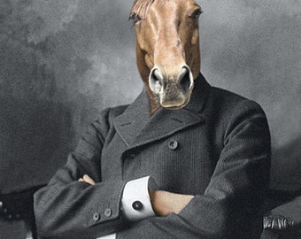 Horse Art, "Mister Ed", Whimsical Animal Art, Anthropomorphic Art, Horse in Clothes, Unique Wall Decor, Photo Collage, Gift for horse lover