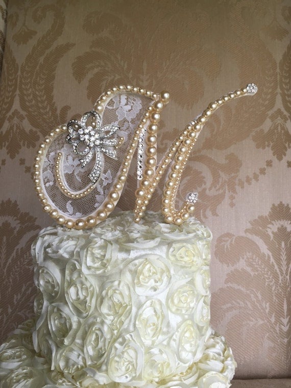 Custom Monogram Pearl Wedding Cake Toppers Lace Pearls And