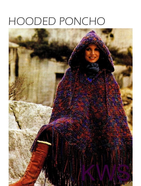 Vintage 70's Crochet HOODED Poncho PDF Pattern by